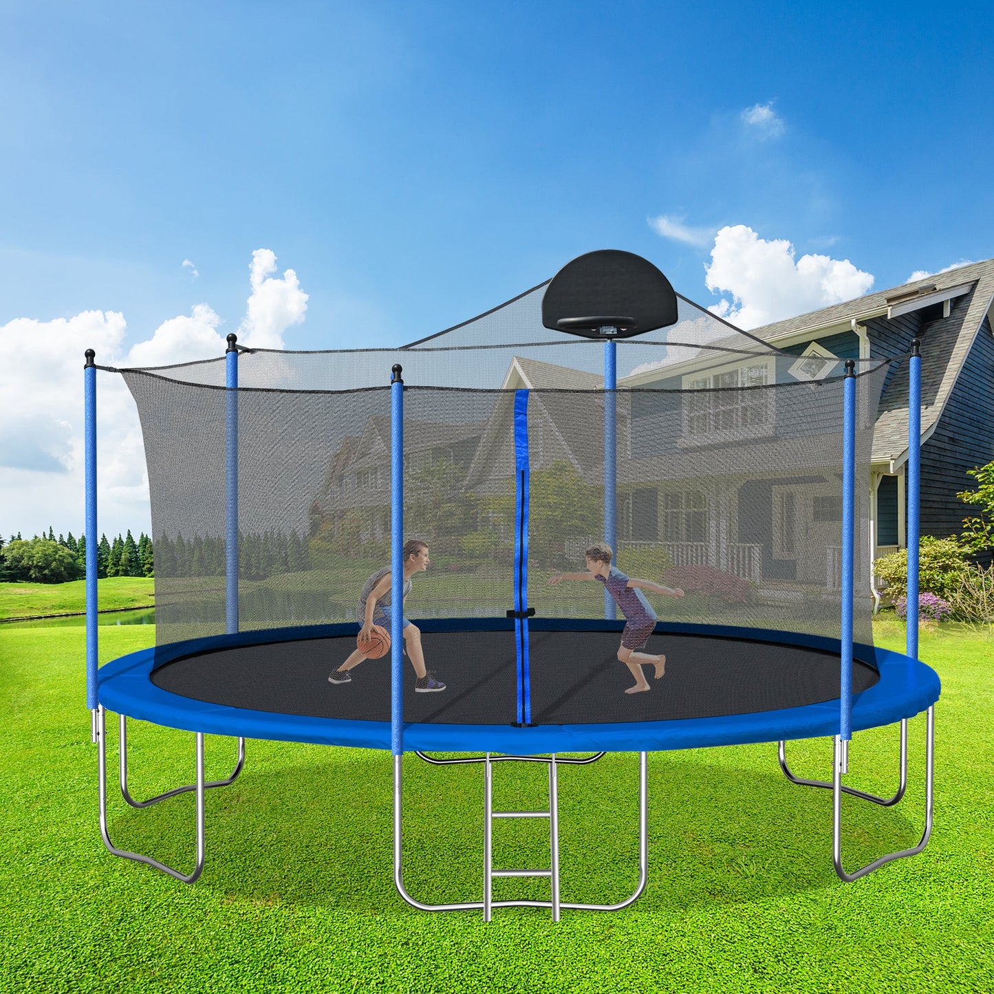 14FT Trampoline for Adults & Kids with Basketball Hoop Outdoor